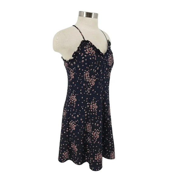 Ann Taylor LOFT Fit Flare Dress Navy Floral Sleeveless Zip Ruffle Sweetheart - Picture 3 of 7